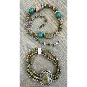 Vintage Artisan Unakite Beaded Necklace And Bracelet SET Magnetic Steel Clasp
